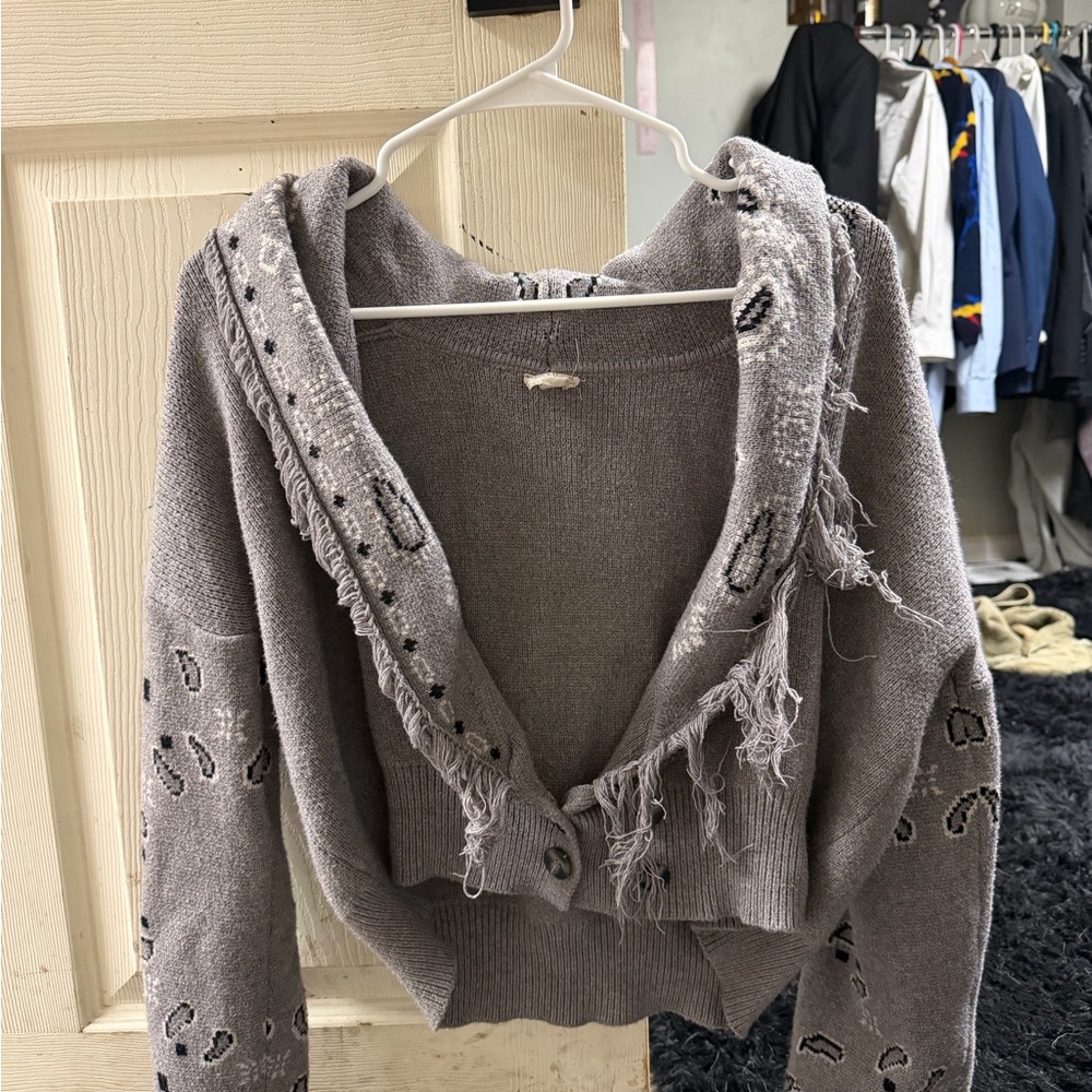 Free People Gray Fringed Cardigan